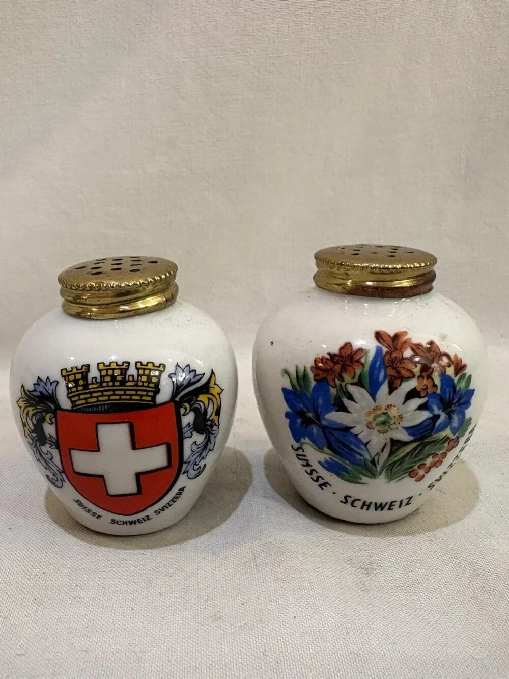 VTG Switzerland Porcelain Salt Pepper Shaker Metal Cap